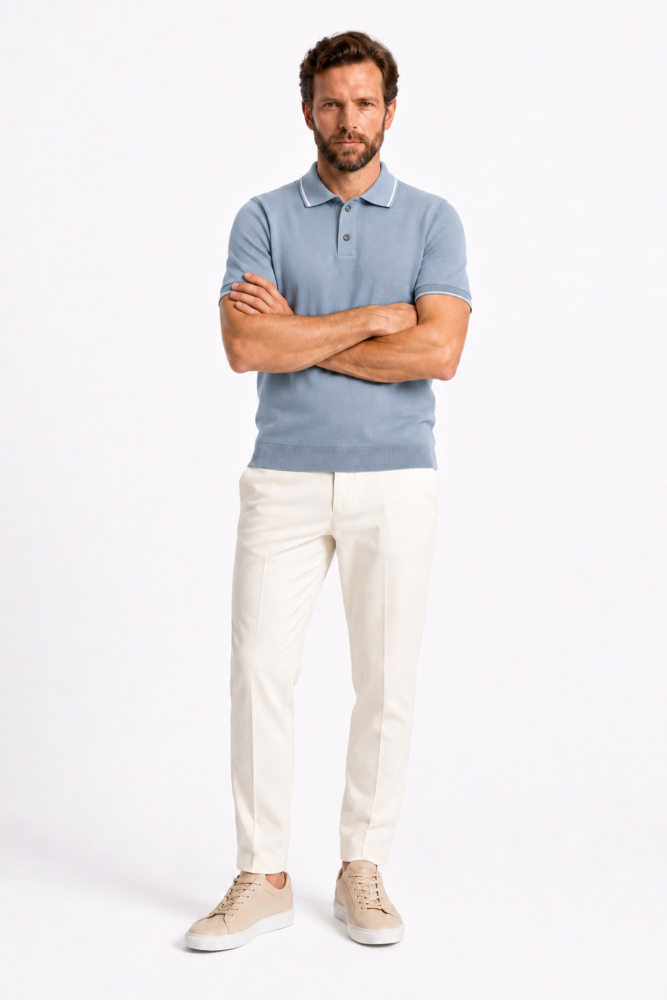 Polo Homme Bleu Brume à Liserés Blancs