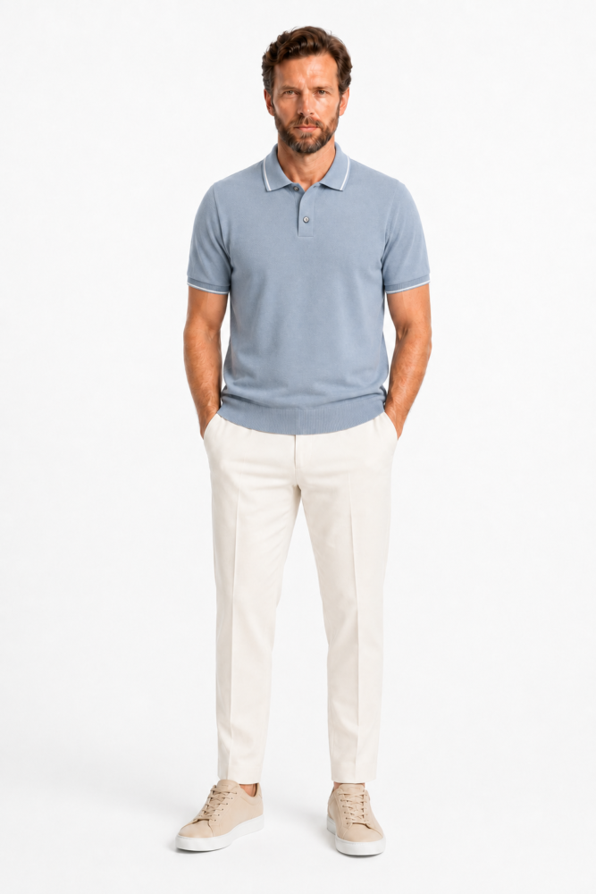 Polo Homme Bleu Brume à Liserés Blancs