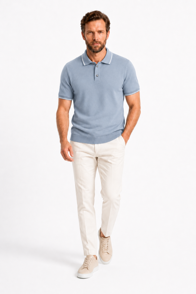 Polo Homme Bleu Brume à Liserés Blancs