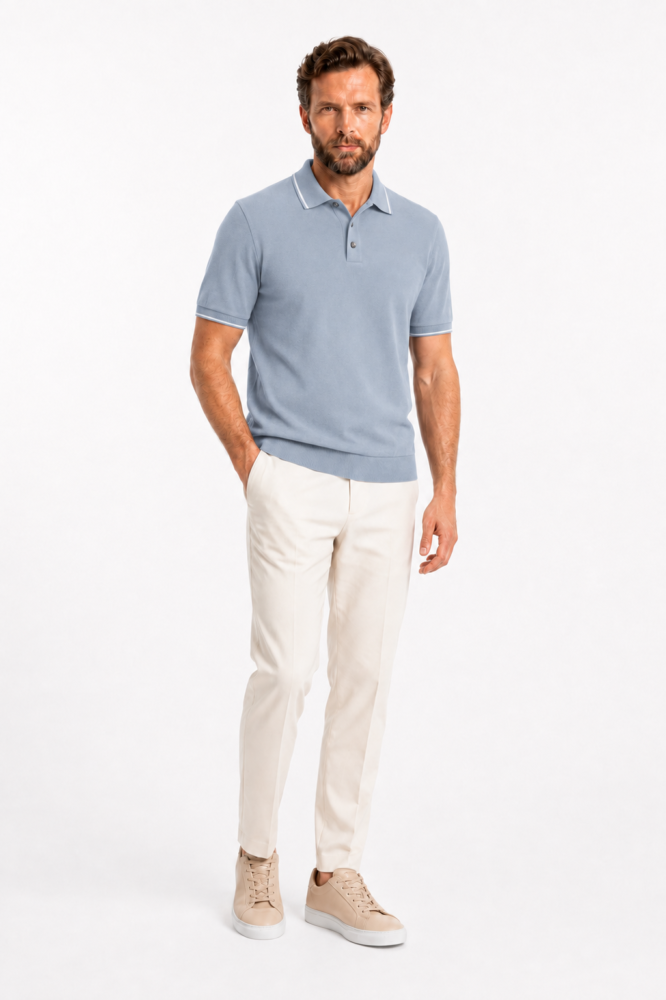 Polo Homme Bleu Brume à Liserés Blancs