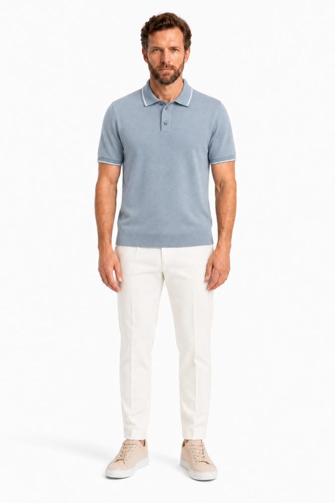 Polo Homme Bleu Brume à Liserés Blancs